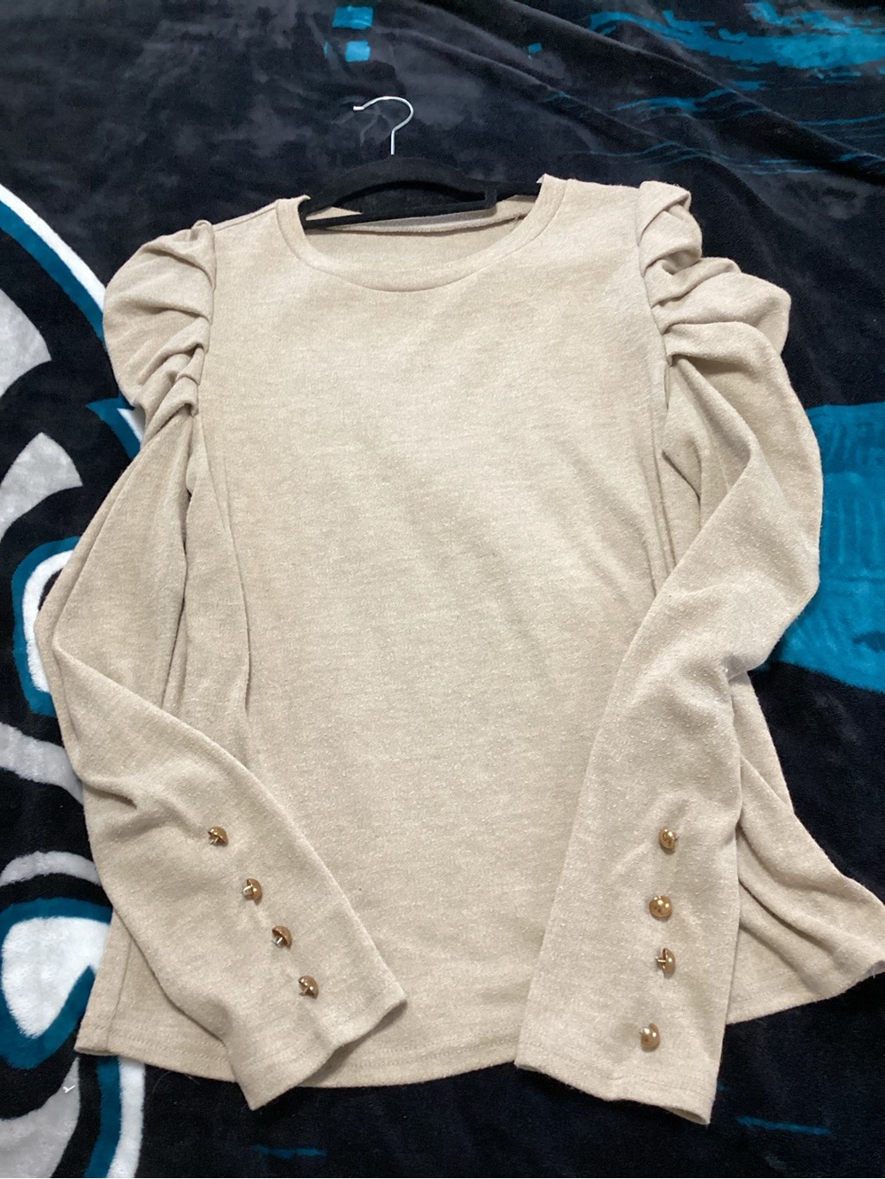 SHEIN Beige Puff-Sleeve Long Sleeve Top with Gold Buttons